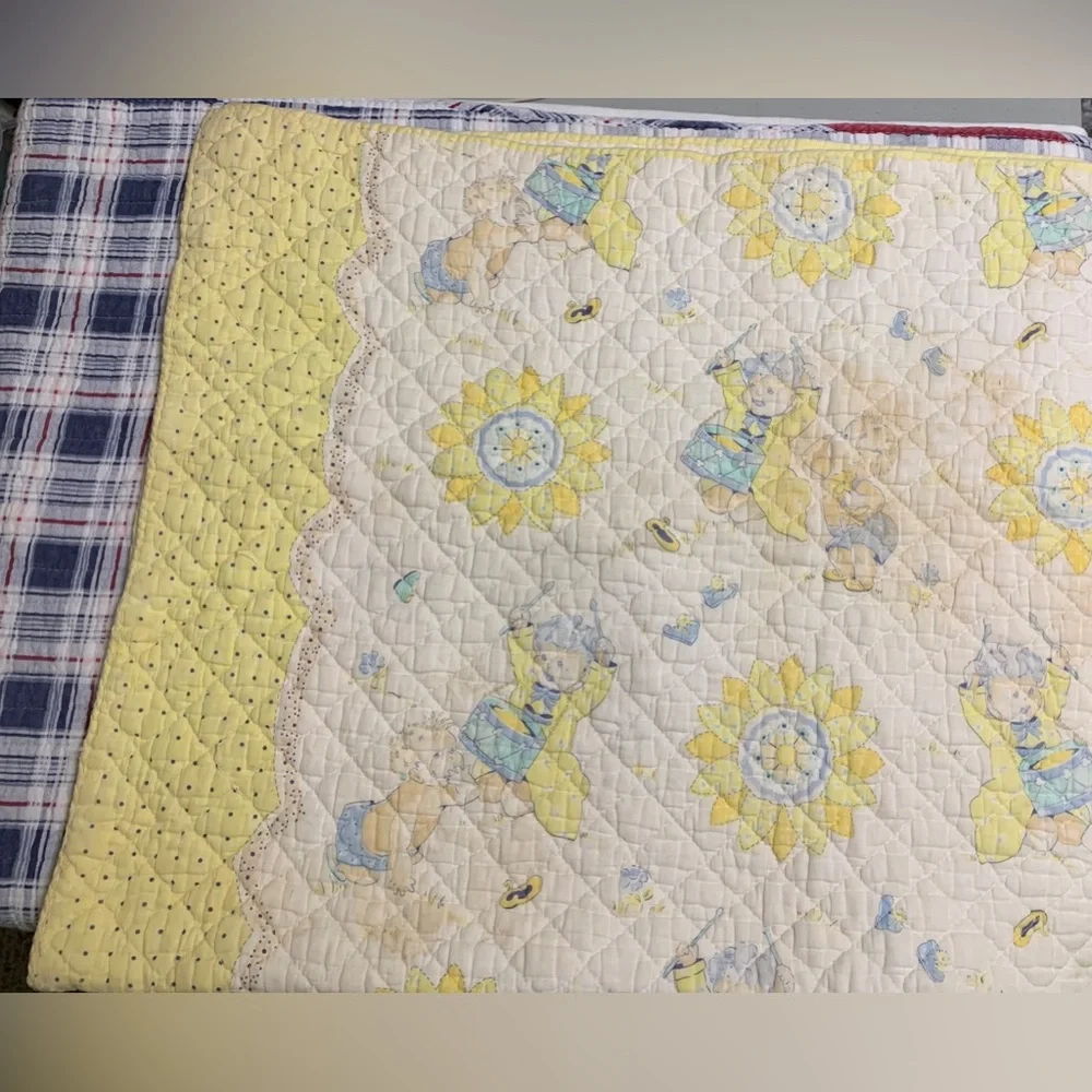 Vintage Baby Blanket Quilted Drummer Boy Sunshine Yellow Blue MCM